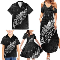 Maori Matariki Family Matching Summer Maxi Dress and Hawaiian Shirt Landscape Styled Fern - Monochrome LT7 - Polynesian Pride