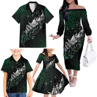 Maori Matariki Family Matching Off The Shoulder Long Sleeve Dress and Hawaiian Shirt Landscape Styled Fern - Paua Shell LT7 - Polynesian Pride