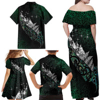 Maori Matariki Family Matching Off Shoulder Maxi Dress and Hawaiian Shirt Landscape Styled Fern - Paua Shell LT7 - Polynesian Pride