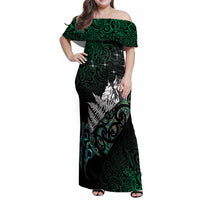 Maori Matariki Family Matching Off Shoulder Maxi Dress and Hawaiian Shirt Landscape Styled Fern - Paua Shell LT7 Mom's Dress Green - Polynesian Pride