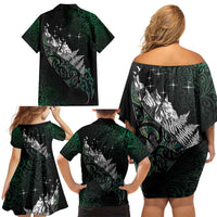 Maori Matariki Family Matching Off Shoulder Short Dress and Hawaiian Shirt Landscape Styled Fern - Paua Shell LT7 - Polynesian Pride