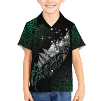 Maori Matariki Family Matching Off Shoulder Short Dress and Hawaiian Shirt Landscape Styled Fern - Paua Shell LT7 Son's Shirt Green - Polynesian Pride