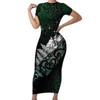 Maori Matariki Family Matching Short Sleeve Bodycon Dress and Hawaiian Shirt Landscape Styled Fern - Paua Shell LT7 Mom's Dress Green - Polynesian Pride