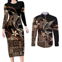 Samoa Manuia le Aso Tuto'atasi Couples Matching Long Sleeve Bodycon Dress and Long Sleeve Button Shirt Siapo Mamanu Mix Tatau Marlin