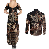 Samoa Manuia le Aso Tuto'atasi Couples Matching Summer Maxi Dress and Long Sleeve Button Shirt Siapo Mamanu Mix Tatau Marlin
