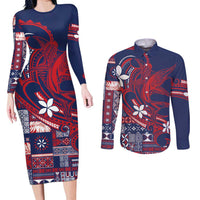 Samoa Manuia le Aso Tuto'atasi Couples Matching Long Sleeve Bodycon Dress and Long Sleeve Button Shirt Siapo Mamanu Mix Tatau Marlin - Flag Color