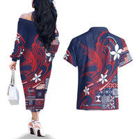 Samoa Manuia le Aso Tuto'atasi Couples Matching Off The Shoulder Long Sleeve Dress and Hawaiian Shirt Siapo Mamanu Mix Tatau Marlin - Flag Color LT7 - Polynesian Pride