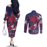 Samoa Manuia le Aso Tuto'atasi Couples Matching Off The Shoulder Long Sleeve Dress and Long Sleeve Button Shirt Siapo Mamanu Mix Tatau Marlin - Flag Color