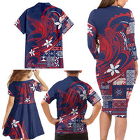 Samoa Manuia le Aso Tuto'atasi Family Matching Long Sleeve Bodycon Dress and Hawaiian Shirt Siapo Mamanu Mix Tatau Marlin - Flag Color LT7 - Polynesian Pride