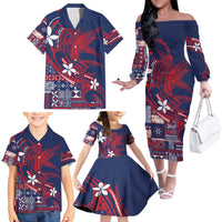 Samoa Manuia le Aso Tuto'atasi Family Matching Off The Shoulder Long Sleeve Dress and Hawaiian Shirt Siapo Mamanu Mix Tatau Marlin - Flag Color LT7 - Polynesian Pride