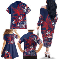 Samoa Manuia le Aso Tuto'atasi Family Matching Off The Shoulder Long Sleeve Dress and Hawaiian Shirt Siapo Mamanu Mix Tatau Marlin - Flag Color LT7 - Polynesian Pride