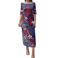 Samoa Manuia le Aso Tuto'atasi Family Matching Puletasi and Hawaiian Shirt Siapo Mamanu Mix Tatau Marlin - Flag Color LT7 Mom's Dress Blue - Polynesian Pride