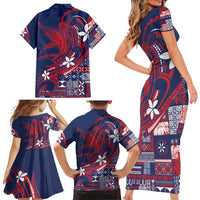 Samoa Manuia le Aso Tuto'atasi Family Matching Short Sleeve Bodycon Dress and Hawaiian Shirt Siapo Mamanu Mix Tatau Marlin - Flag Color LT7 - Polynesian Pride