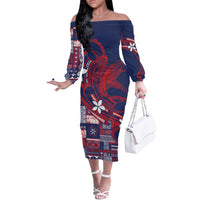 Samoa Manuia le Aso Tuto'atasi Off The Shoulder Long Sleeve Dress Siapo Mamanu Mix Tatau Marlin - Flag Color