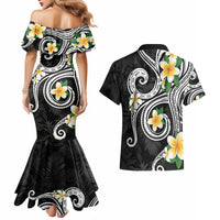Kanaka Maoli Hawaii Plumeria Couples Matching Mermaid Dress and Hawaiian Shirt Dancing Tentacles Black Style LT7 - Polynesian Pride