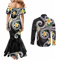Kanaka Maoli Hawaii Plumeria Couples Matching Mermaid Dress and Long Sleeve Button Shirt Dancing Tentacles Black Style LT7 - Polynesian Pride