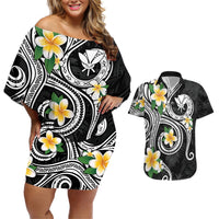 Kanaka Maoli Hawaii Plumeria Couples Matching Off Shoulder Short Dress and Hawaiian Shirt Dancing Tentacles Black Style LT7 Black - Polynesian Pride