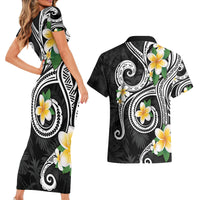 Kanaka Maoli Hawaii Plumeria Couples Matching Short Sleeve Bodycon Dress and Hawaiian Shirt Dancing Tentacles Black Style LT7 - Polynesian Pride