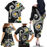 Kanaka Maoli Hawaii Plumeria Family Matching Off The Shoulder Long Sleeve Dress and Hawaiian Shirt Dancing Tentacles Black Style LT7 - Polynesian Pride
