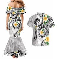 Kanaka Maoli Hawaii Plumeria Couples Matching Mermaid Dress and Hawaiian Shirt Dancing Tentacles White Style LT7 - Polynesian Pride