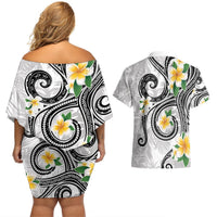 Kanaka Maoli Hawaii Plumeria Couples Matching Off Shoulder Short Dress and Hawaiian Shirt Dancing Tentacles White Style LT7 - Polynesian Pride