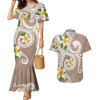 Kanaka Maoli Hawaii Plumeria Couples Matching Mermaid Dress and Hawaiian Shirt Dancing Tentacles Beige Style LT7 Beige - Polynesian Pride
