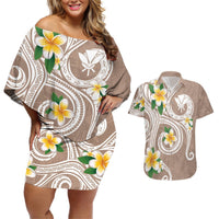 Kanaka Maoli Hawaii Plumeria Couples Matching Off Shoulder Short Dress and Hawaiian Shirt Dancing Tentacles Beige Style LT7 Beige - Polynesian Pride