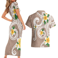 Kanaka Maoli Hawaii Plumeria Couples Matching Short Sleeve Bodycon Dress and Hawaiian Shirt Dancing Tentacles Beige Style LT7 - Polynesian Pride