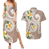 Kanaka Maoli Hawaii Plumeria Couples Matching Summer Maxi Dress and Hawaiian Shirt Dancing Tentacles Beige Style LT7 Beige - Polynesian Pride