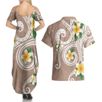 Kanaka Maoli Hawaii Plumeria Couples Matching Summer Maxi Dress and Hawaiian Shirt Dancing Tentacles Beige Style LT7 - Polynesian Pride