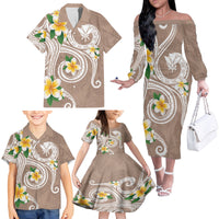 Kanaka Maoli Hawaii Plumeria Family Matching Off The Shoulder Long Sleeve Dress and Hawaiian Shirt Dancing Tentacles Beige Style LT7 - Polynesian Pride