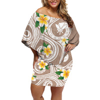 Kanaka Maoli Hawaii Plumeria Family Matching Off Shoulder Short Dress and Hawaiian Shirt Dancing Tentacles Beige Style LT7 Mom's Dress Beige - Polynesian Pride