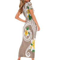 Kanaka Maoli Hawaii Plumeria Short Sleeve Bodycon Dress Dancing Tentacles Beige Style