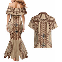 Bula Fiji Vintage Couples Matching Mermaid Dress and Hawaiian Shirt Brown Masi Motifs LT7 - Polynesian Pride