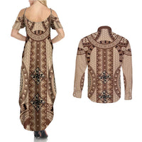 Bula Fiji Vintage Couples Matching Summer Maxi Dress and Long Sleeve Button Shirt Brown Masi Motifs