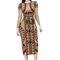 Bula Fiji Vintage Family Matching Long Sleeve Bodycon Dress and Hawaiian Shirt Brown Masi Motifs LT7 Mom's Dress Brown - Polynesian Pride