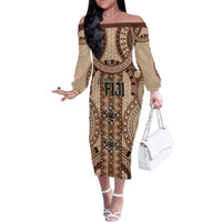 Bula Fiji Vintage Family Matching Off The Shoulder Long Sleeve Dress and Hawaiian Shirt Brown Masi Motifs LT7 Mom's Dress Brown - Polynesian Pride