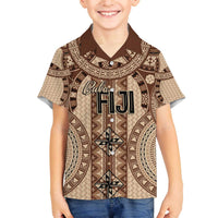 Bula Fiji Vintage Family Matching Off The Shoulder Long Sleeve Dress and Hawaiian Shirt Brown Masi Motifs LT7 Son's Shirt Brown - Polynesian Pride