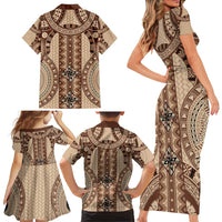 Bula Fiji Vintage Family Matching Short Sleeve Bodycon Dress and Hawaiian Shirt Brown Masi Motifs LT7 - Polynesian Pride