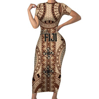 Bula Fiji Vintage Family Matching Short Sleeve Bodycon Dress and Hawaiian Shirt Brown Masi Motifs LT7 Mom's Dress Brown - Polynesian Pride