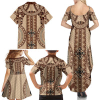 Bula Fiji Vintage Family Matching Summer Maxi Dress and Hawaiian Shirt Brown Masi Motifs LT7 - Polynesian Pride