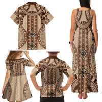 Bula Fiji Vintage Family Matching Tank Maxi Dress and Hawaiian Shirt Brown Masi Motifs LT7 - Polynesian Pride