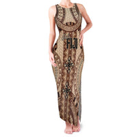Bula Fiji Vintage Family Matching Tank Maxi Dress and Hawaiian Shirt Brown Masi Motifs LT7 Mom's Dress Brown - Polynesian Pride