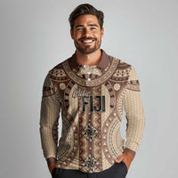 Bula Fiji Vintage Long Sleeve Polo Shirt Brown Masi Motifs