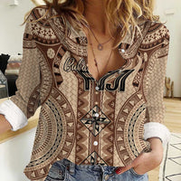 Bula Fiji Vintage Women Casual Shirt Brown Masi Motifs