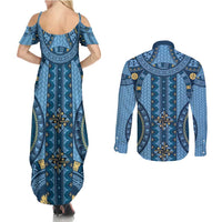 Bula Fiji Vintage Couples Matching Summer Maxi Dress and Long Sleeve Button Shirt Prussian Blue Masi Motifs