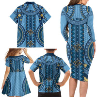 Bula Fiji Vintage Family Matching Long Sleeve Bodycon Dress and Hawaiian Shirt Prussian Blue Masi Motifs LT7 - Polynesian Pride