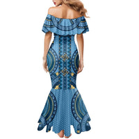 Bula Fiji Vintage Family Matching Mermaid Dress and Hawaiian Shirt Prussian Blue Masi Motifs LT7 - Polynesian Pride