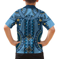 Bula Fiji Vintage Family Matching Off The Shoulder Long Sleeve Dress and Hawaiian Shirt Prussian Blue Masi Motifs LT7 - Polynesian Pride