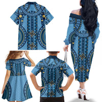 Bula Fiji Vintage Family Matching Off The Shoulder Long Sleeve Dress and Hawaiian Shirt Prussian Blue Masi Motifs LT7 - Polynesian Pride